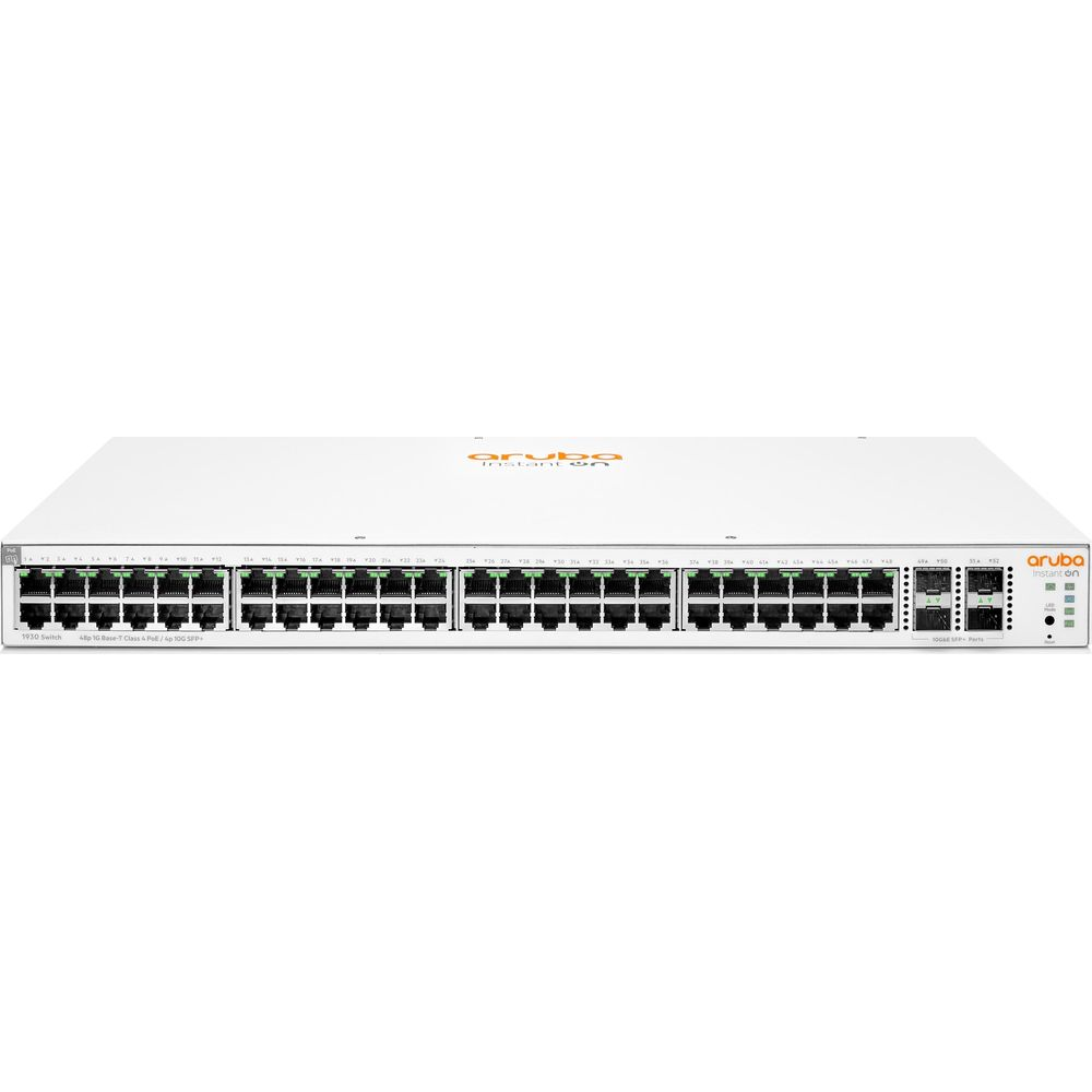 Biały przełącznik Aruba Instant On 48-portowy gigabit PoE z portami RJ45 i SFP+.