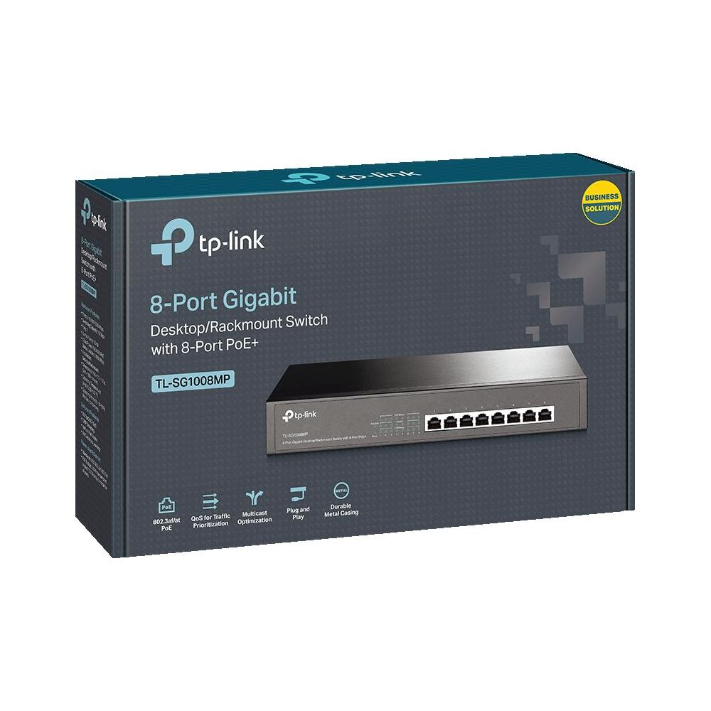 TP-Link 8-portowy przełącznik Gigabit z 8 portami PoE+ w szarej metalowej obudowie.