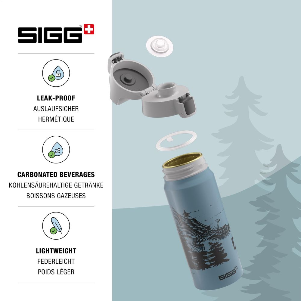 SIGG-Flasche mit Adler-Motiv, zerlegt, mit Deckel und Dichtungen.