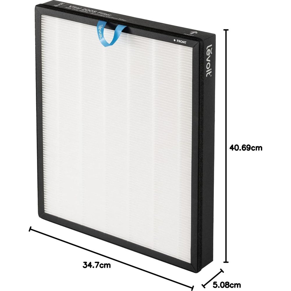 Filtr Levoit Vital 200S o wymiarach 34,7 x 40,69 x 5,08 cm.