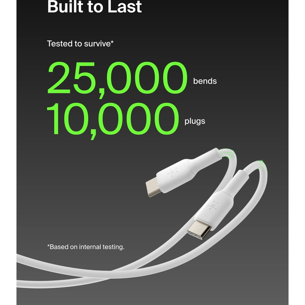 Cavi USB-C bianchi con accenti verdi, testati per 25.000 piegamenti e 10.000 inserimenti.