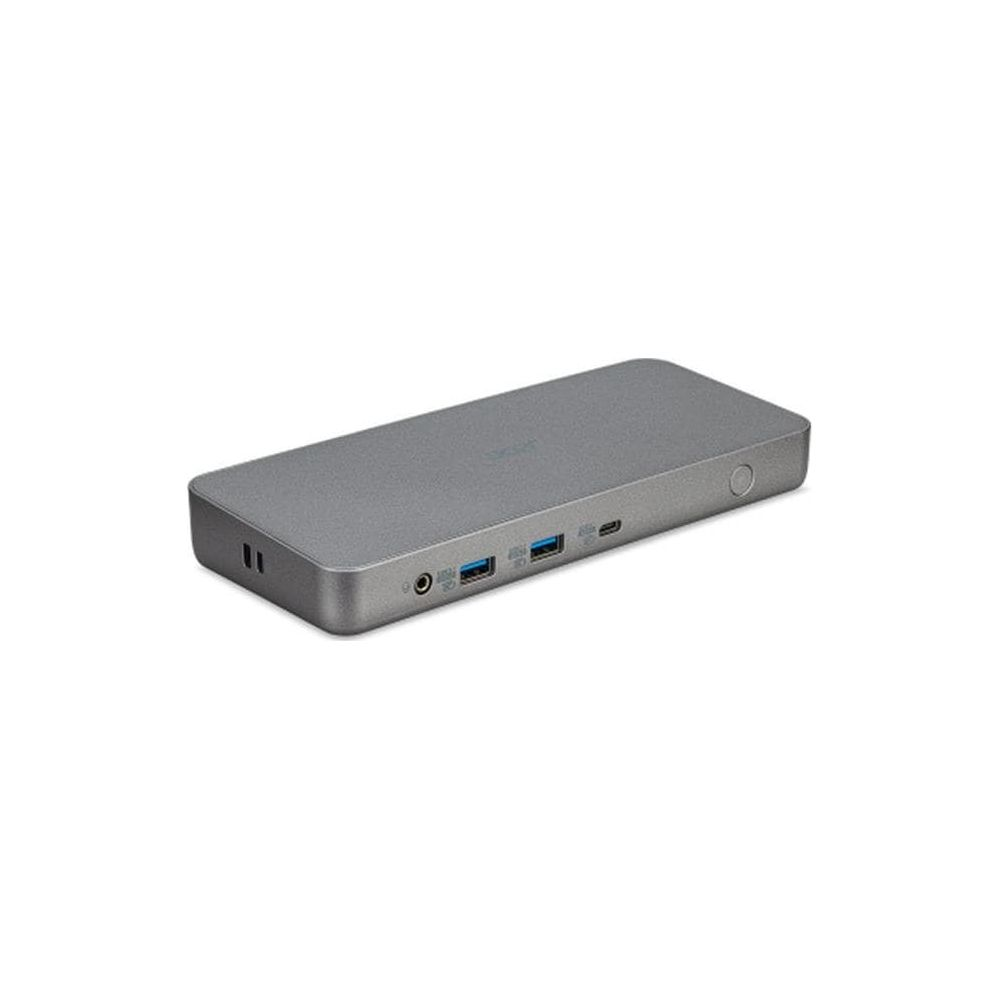 Grauer Docking-Hub mit USB-Anschlüssen und runden Anschlüssen.