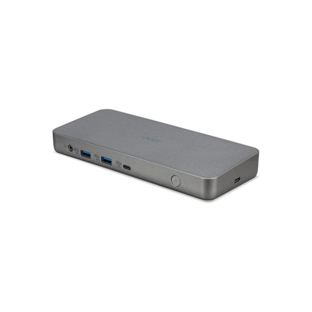 Grauer Dockingstation mit mehreren USB-Anschlüssen auf weißem Hintergrund.