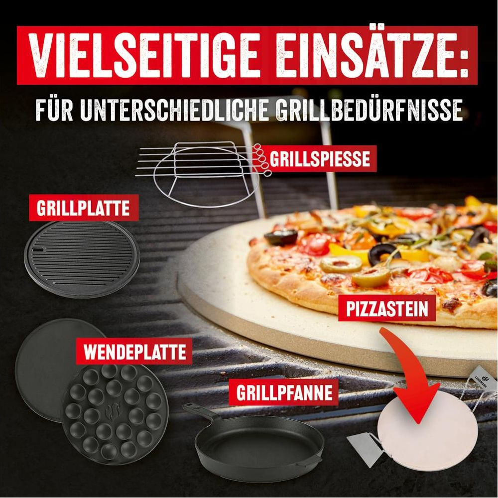 Accessori per griglia: pietra pizza, piastra, bistecchiera, padella, spiedini.