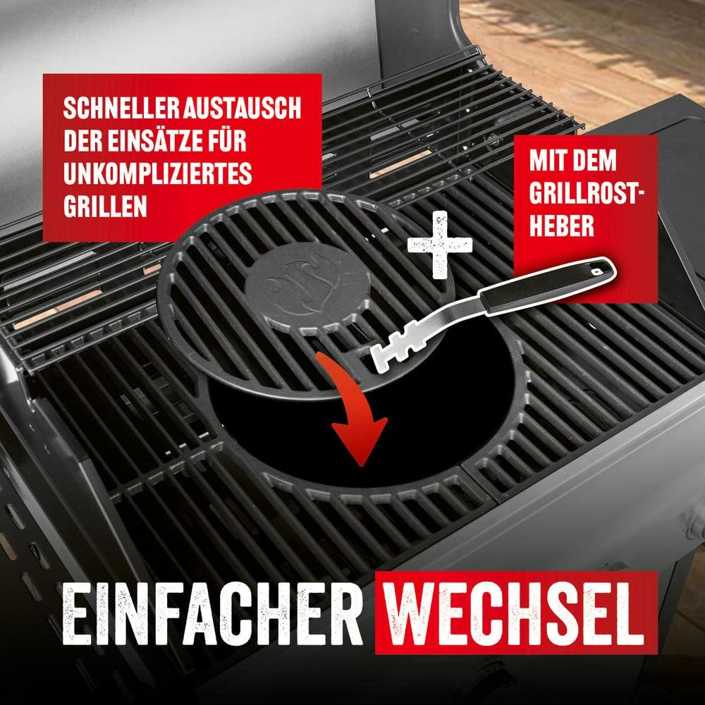 Griglia per barbecue con accessori e caselle di testo che spiegano le funzioni.