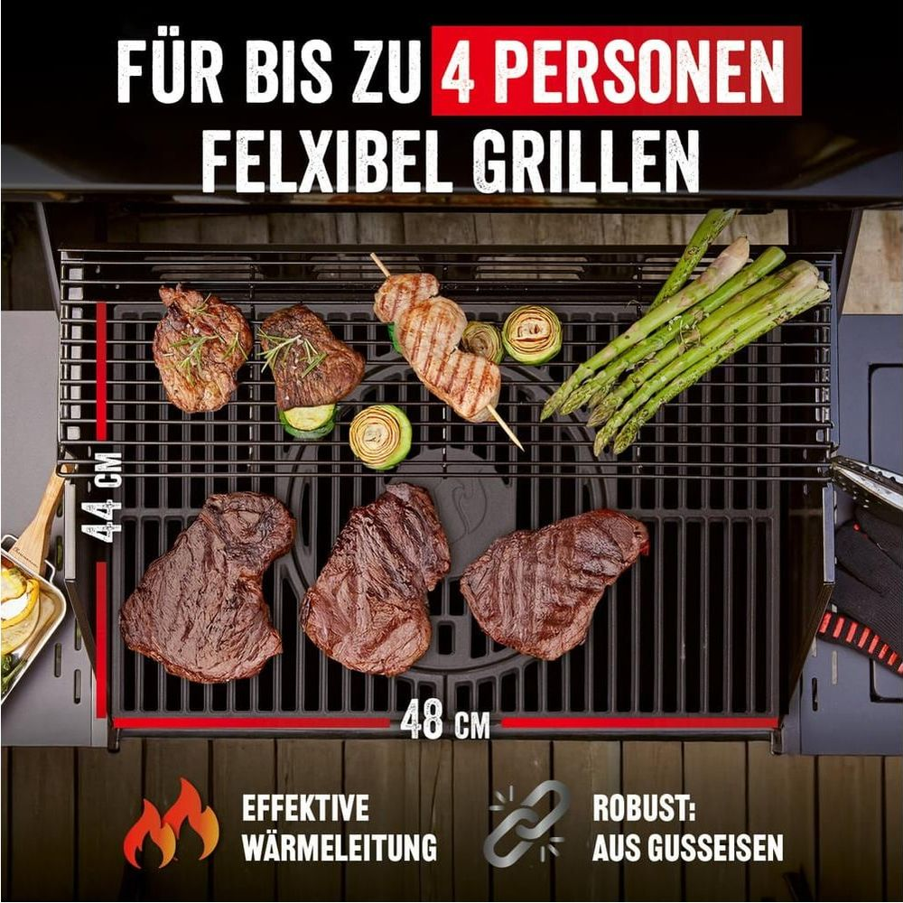 Carne e asparagi su una griglia. Testo "Grigliare in modo flessibile per un massimo di 4 persone".