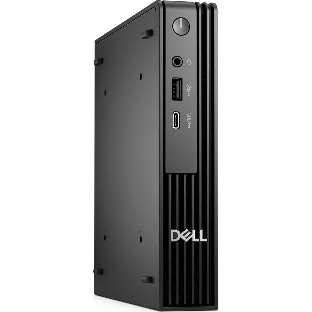 Schwarzer Dell Mini-PC mit USB-Anschlüssen, Audiobuchse und Netzschalter.