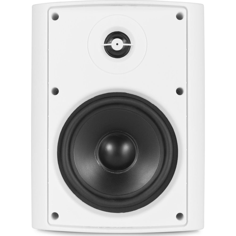 Un altavoz blanco con cono negro y tweeter.