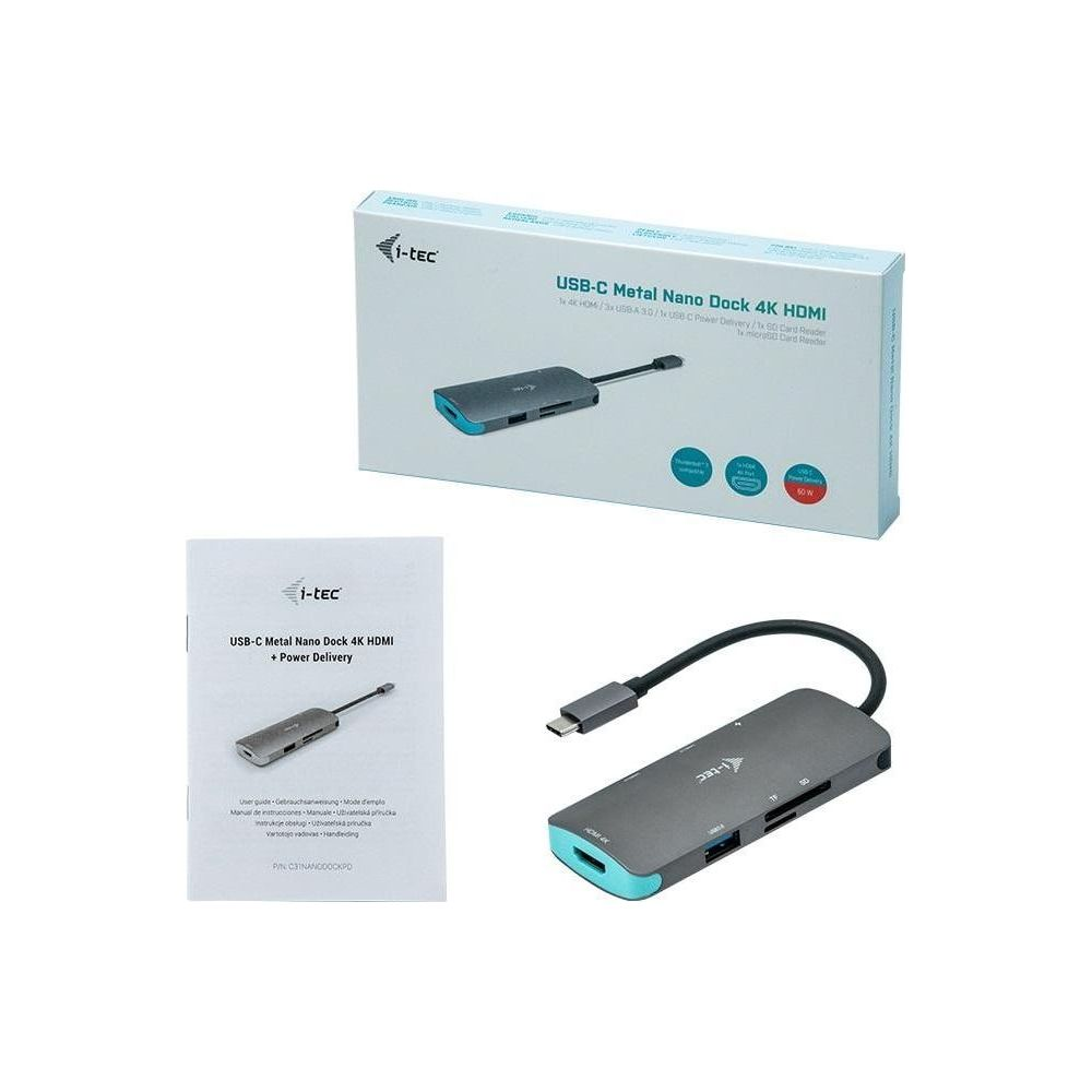 Dock i-tec USB-C nano in metallo con HDMI, USB-A, USB-C PD e lettori di schede. Scatola mostrata.