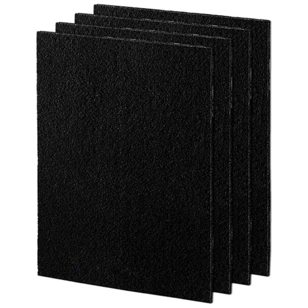 Cztery czarne, prostokątne maty filtracyjne ułożone jedna na drugiej.