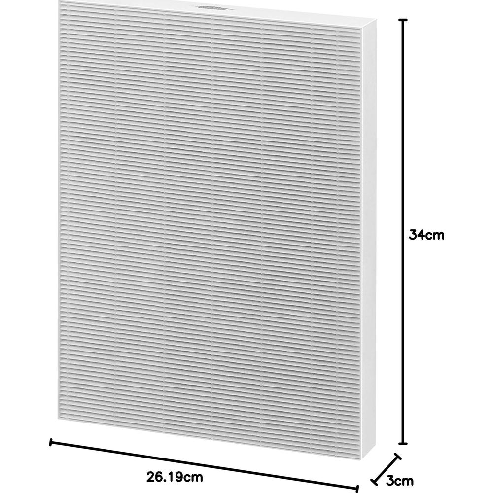 Un filtro dell'aria bianco con dimensioni 26,19cm x 34cm x 3cm.