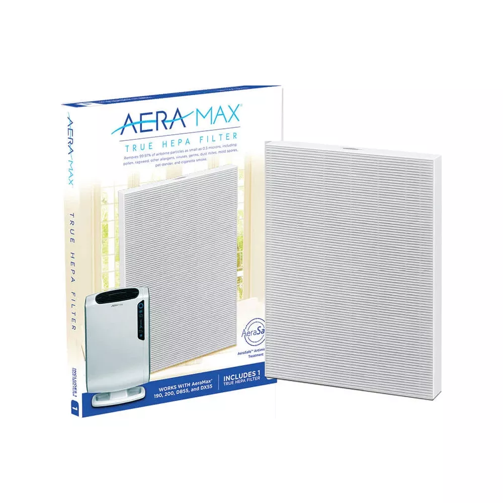 Un filtro HEPA AeraMax e un purificatore d'aria in una scatola.