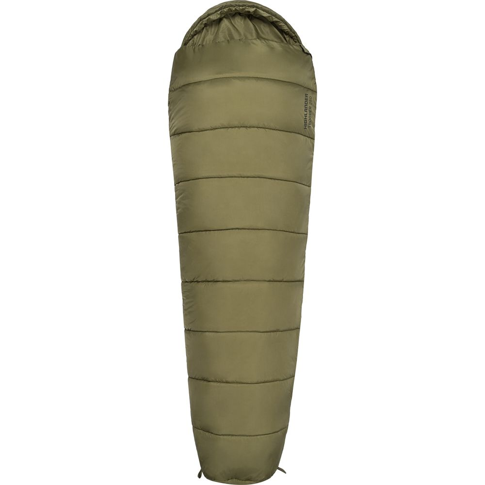 Ein olivgrüner Schlafsack mit horizontalen Nähten und einer Kapuze.