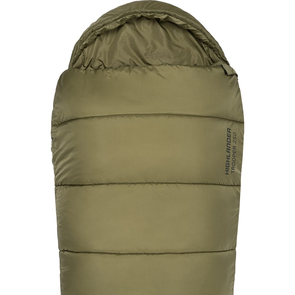 Ein olivgrüner Schlafsack mit horizontalen Nähten und einer Kapuze.