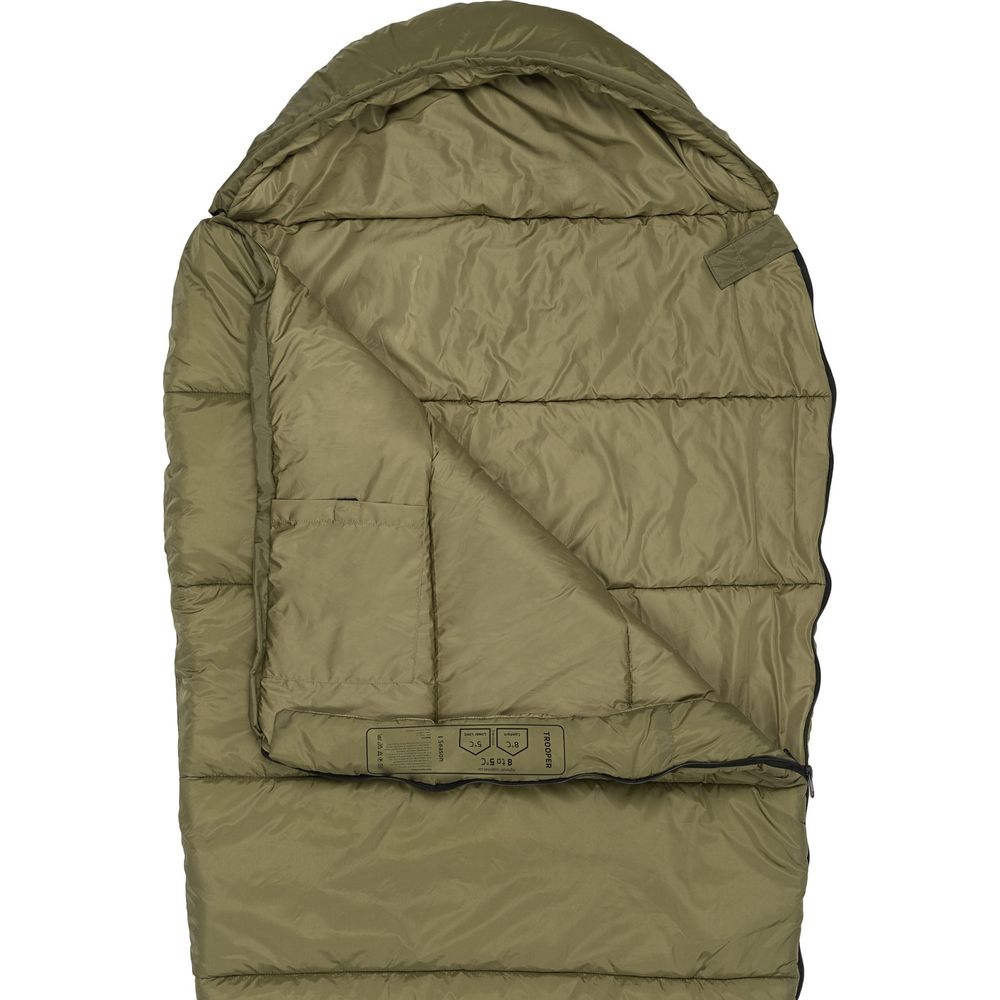 Ein olivgrüner Schlafsack ist geöffnet und ausgebreitet, mit Kapuze oben.