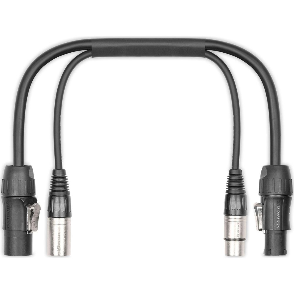 Dos cables de audio negros con conectores XLR unidos en forma de arco.
