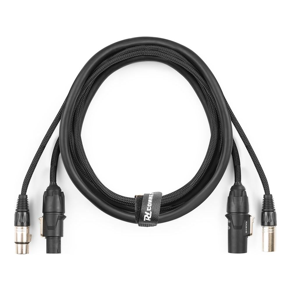 Cable de audio negro con dos conectores XLR y correa de velcro.