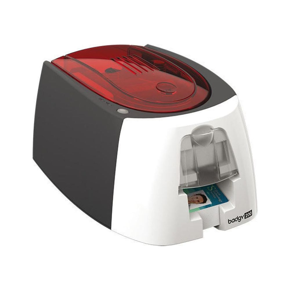 Biała i szara drukarka kart z czerwonym wieczkiem i włożoną kartą.