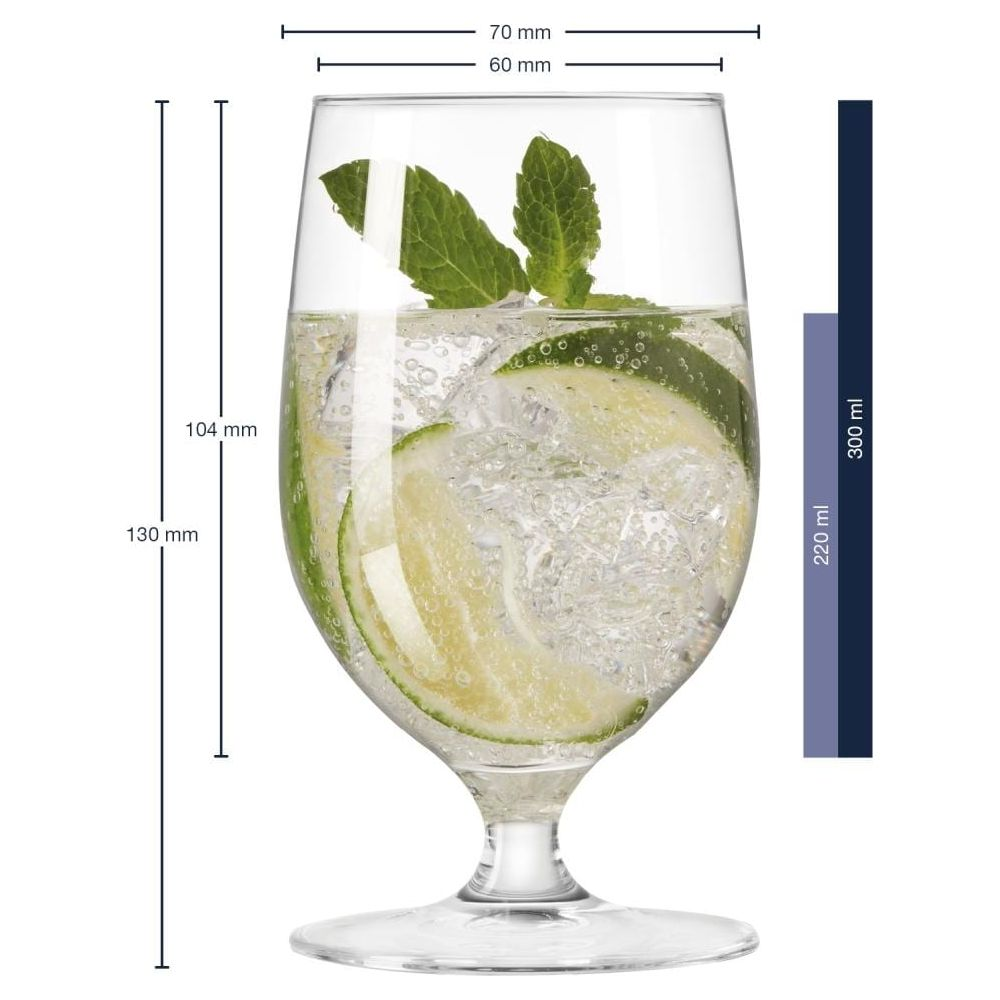 Glas mit Limettenscheiben, Minze und Eiswürfeln. Maße angegeben.