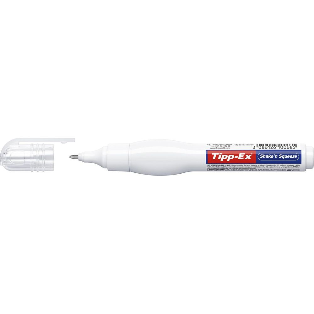 Ein weißer Tipp-Ex Korrekturstift mit transparenter Kappe und silberner Spitze.