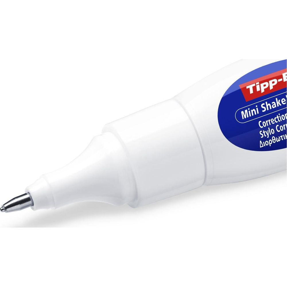 Ein weißer Korrekturstift mit silberner Spitze und blauer Etikett.
