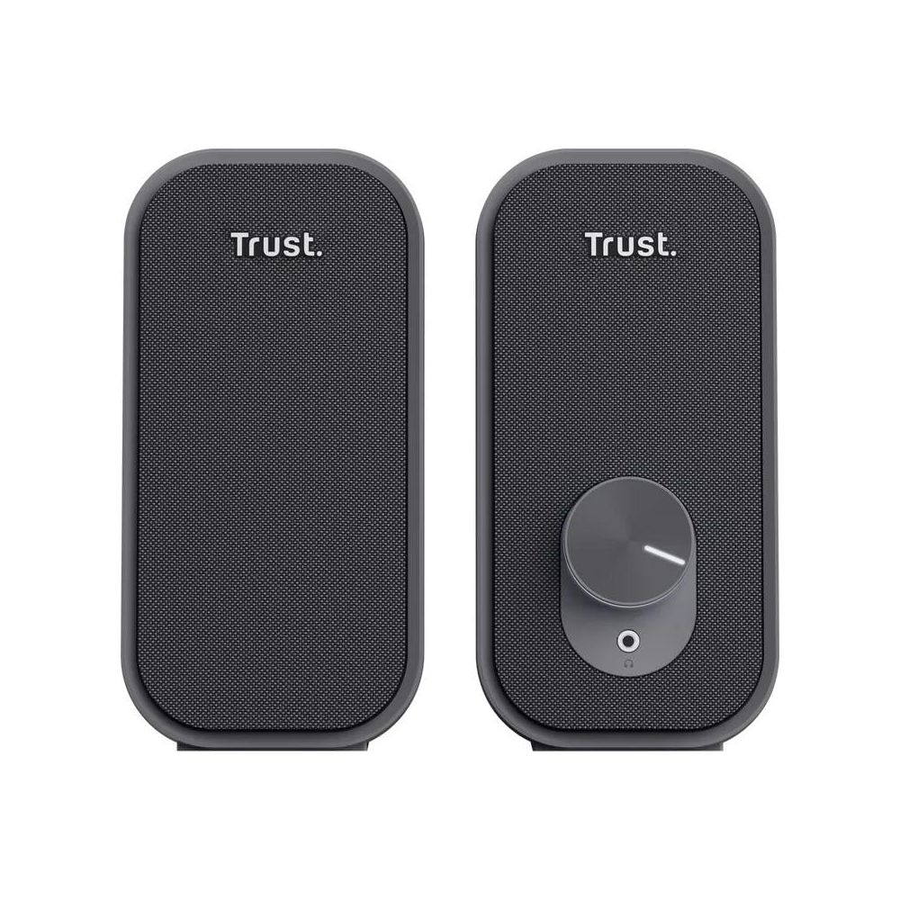 Zwei dunkle Lautsprecher mit dem Trust-Logo. Einer hat einen Knopf und einen Kopfhöreranschluss.