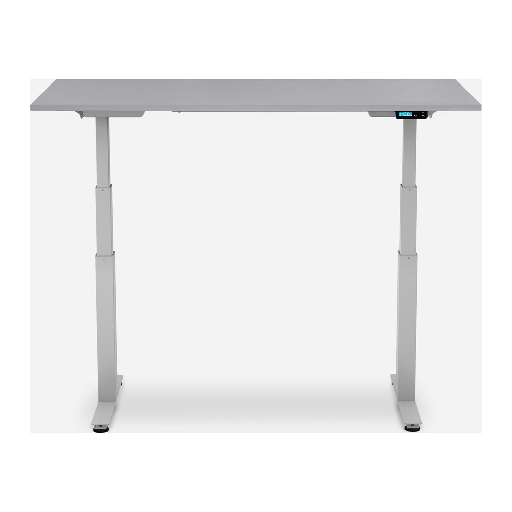 Una scrivania grigia regolabile in altezza con display digitale su sfondo bianco.