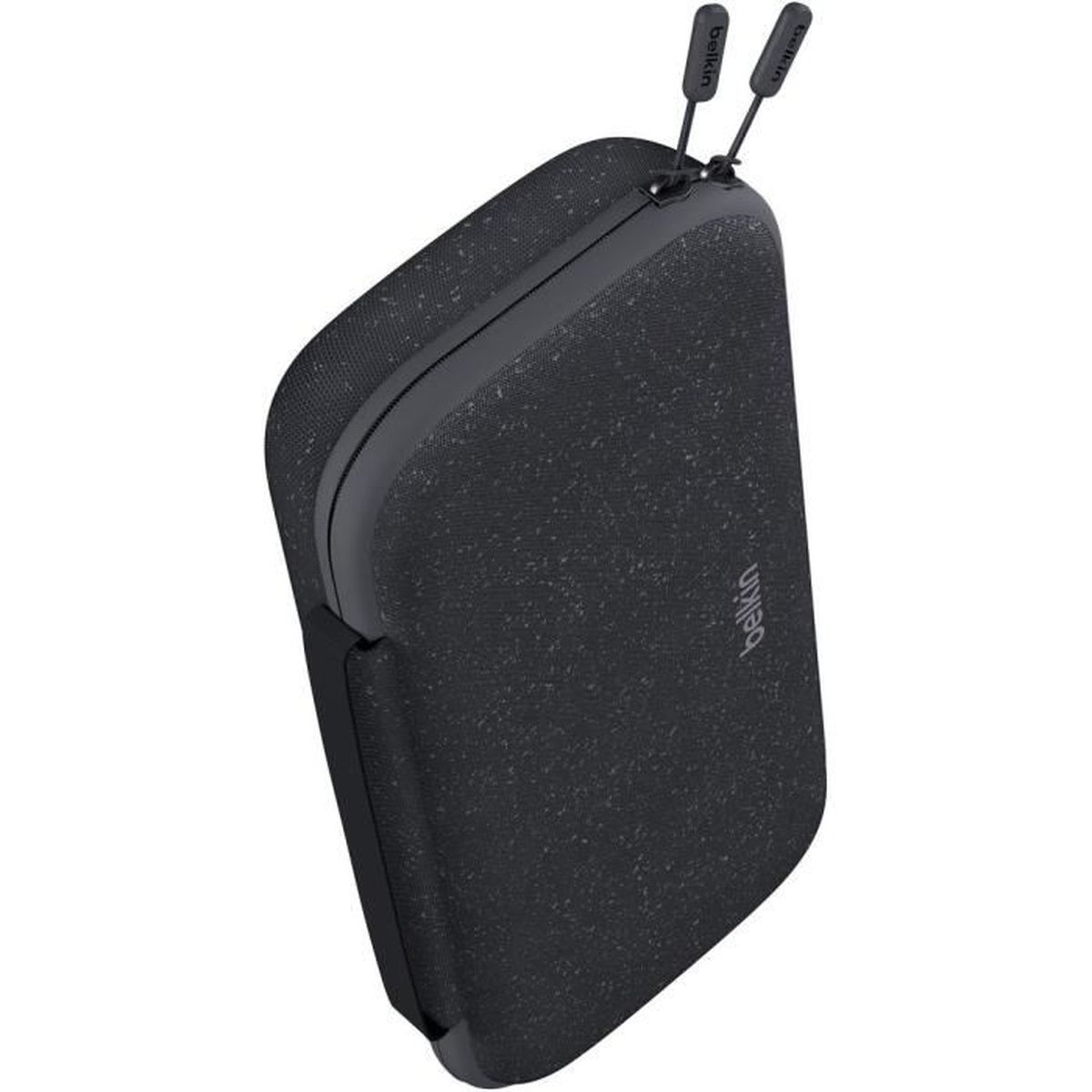 Schwarze Belkin-Tasche mit Reißverschluss und zwei Zippern, leicht texturiert.