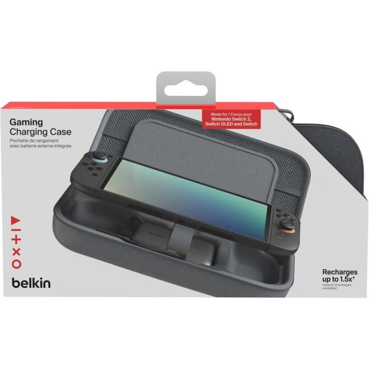 Graue Belkin Gaming Ladehülle mit Nintendo Switch und Zubehör.