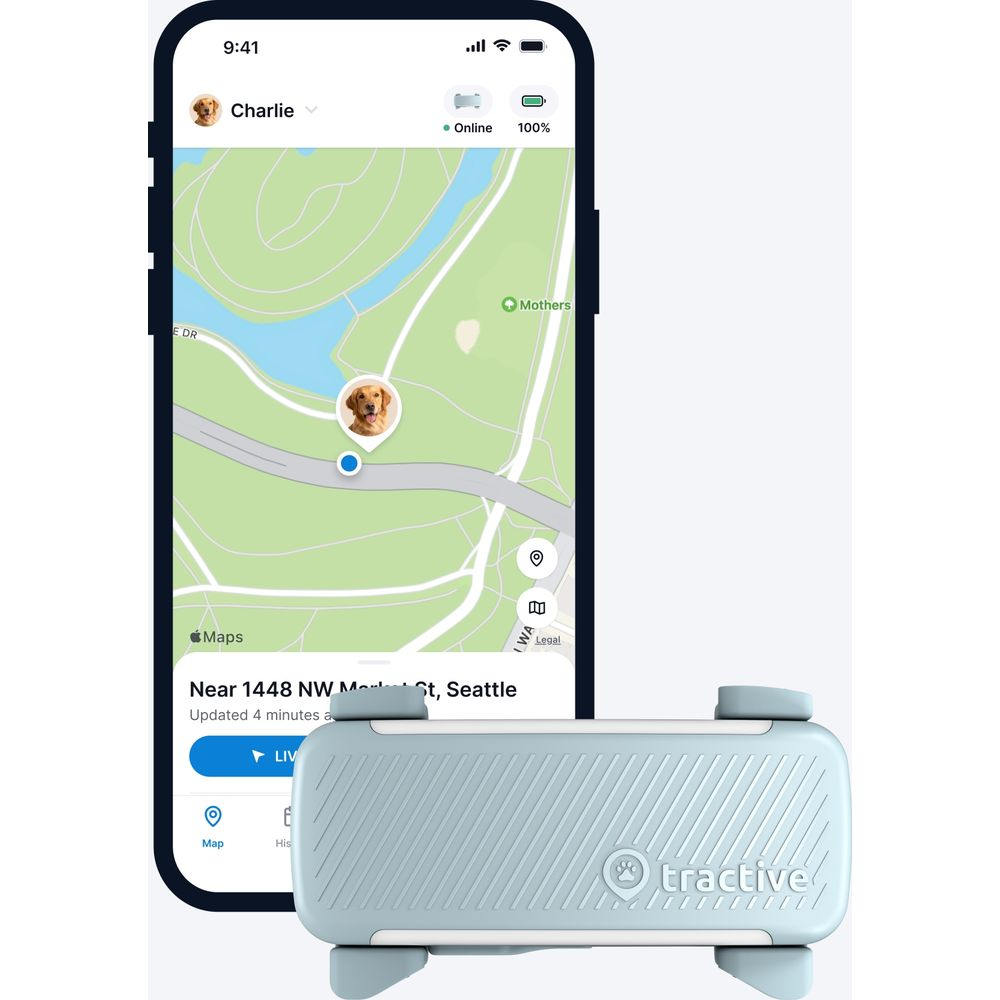 Telefon pokazuje mapę z ikoną psa. Obok znajduje się urządzenie lokalizatora GPS Tractive.