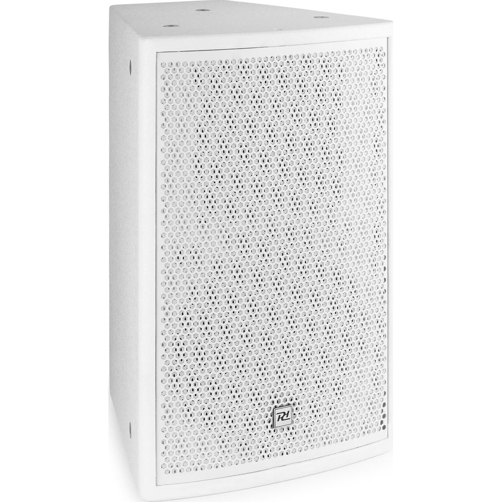Un altavoz blanco con rejilla perforada y un logo.