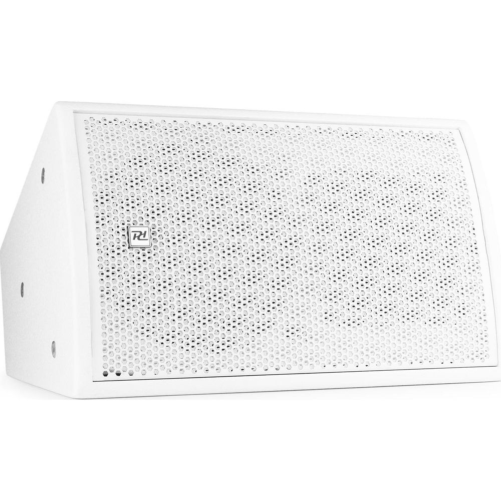 Un altavoz blanco con rejilla perforada y un logo.