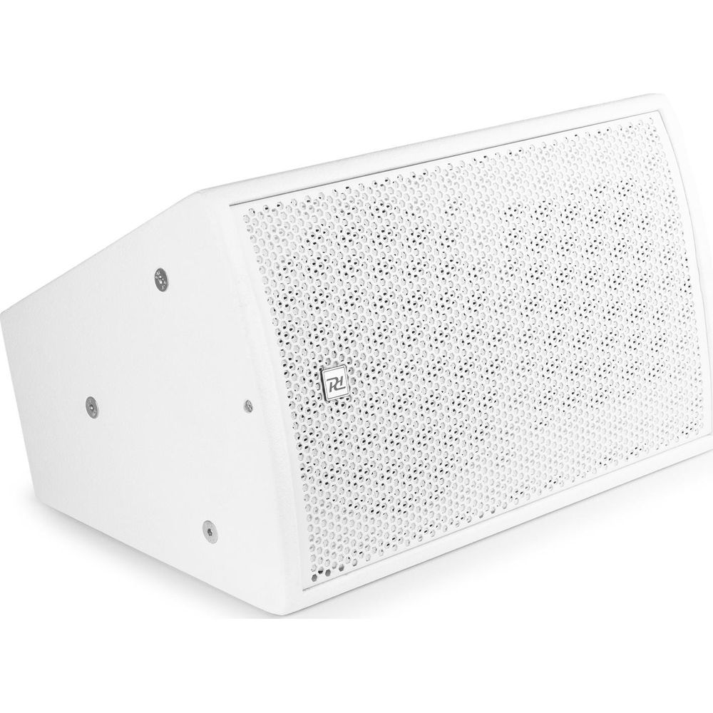 Un altavoz blanco con rejilla perforada y logo.