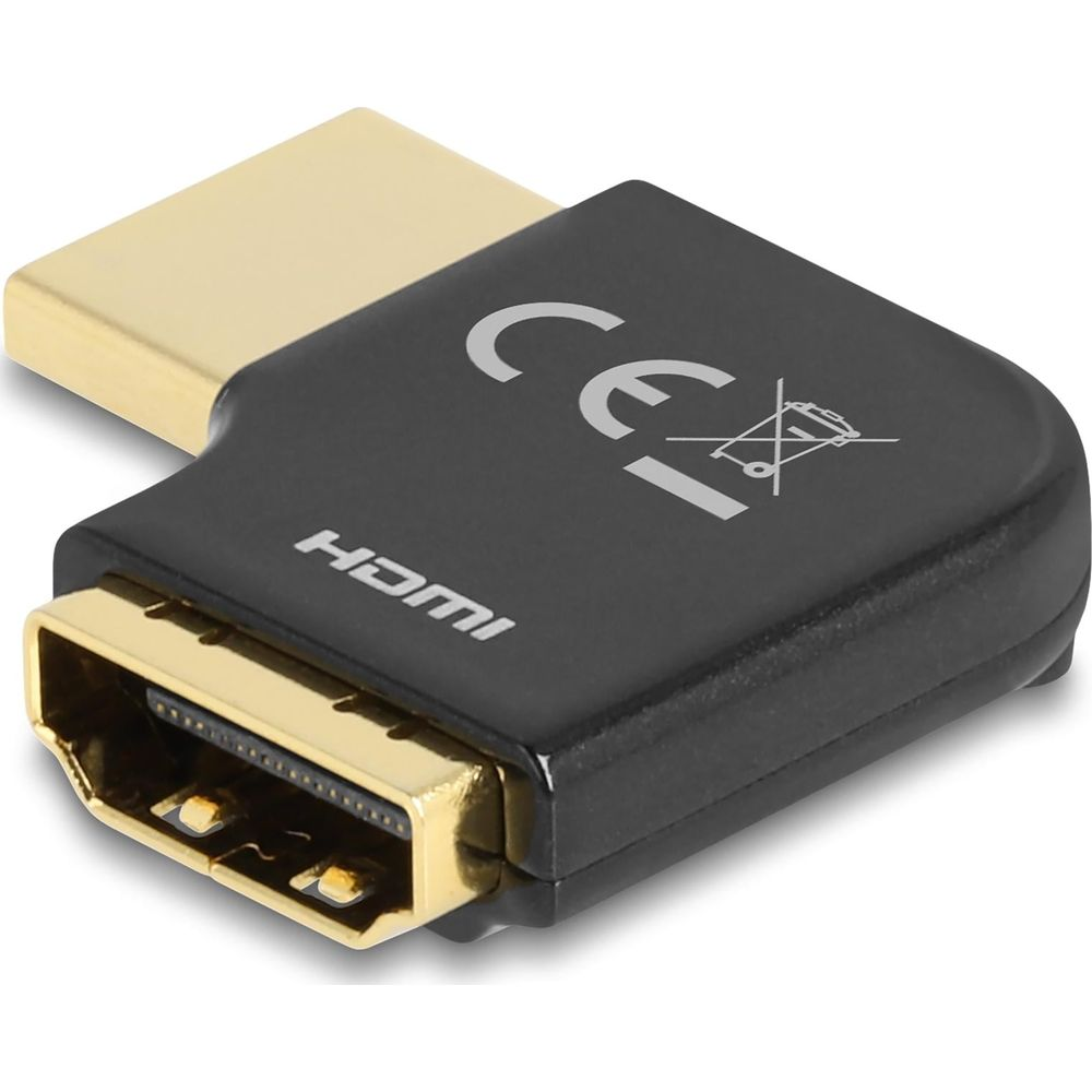 Adaptador HDMI negro con conectores dorados y marca CE.