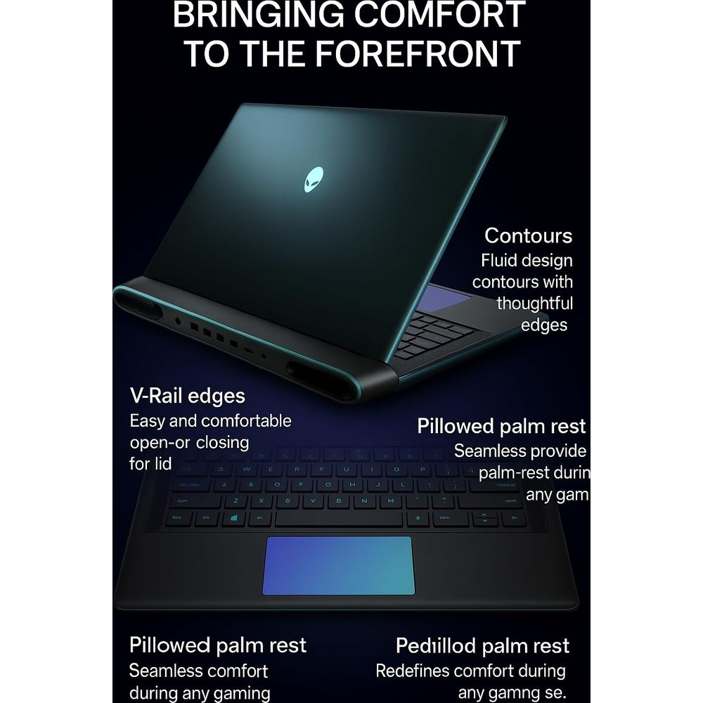 Ein teal Alienware Laptop mit beleuchteter Tastatur und Touchpad.