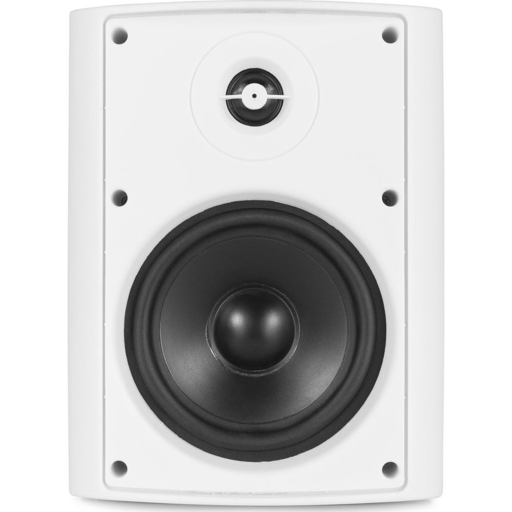 Caja de altavoz blanca con woofer negro y tweeter más pequeño.