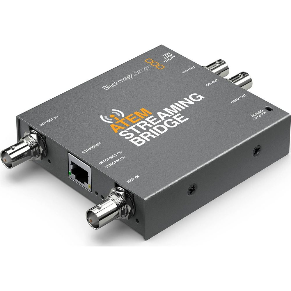 Bridge di streaming ATEM Blackmagicdesign grigia con porte ed etichette.