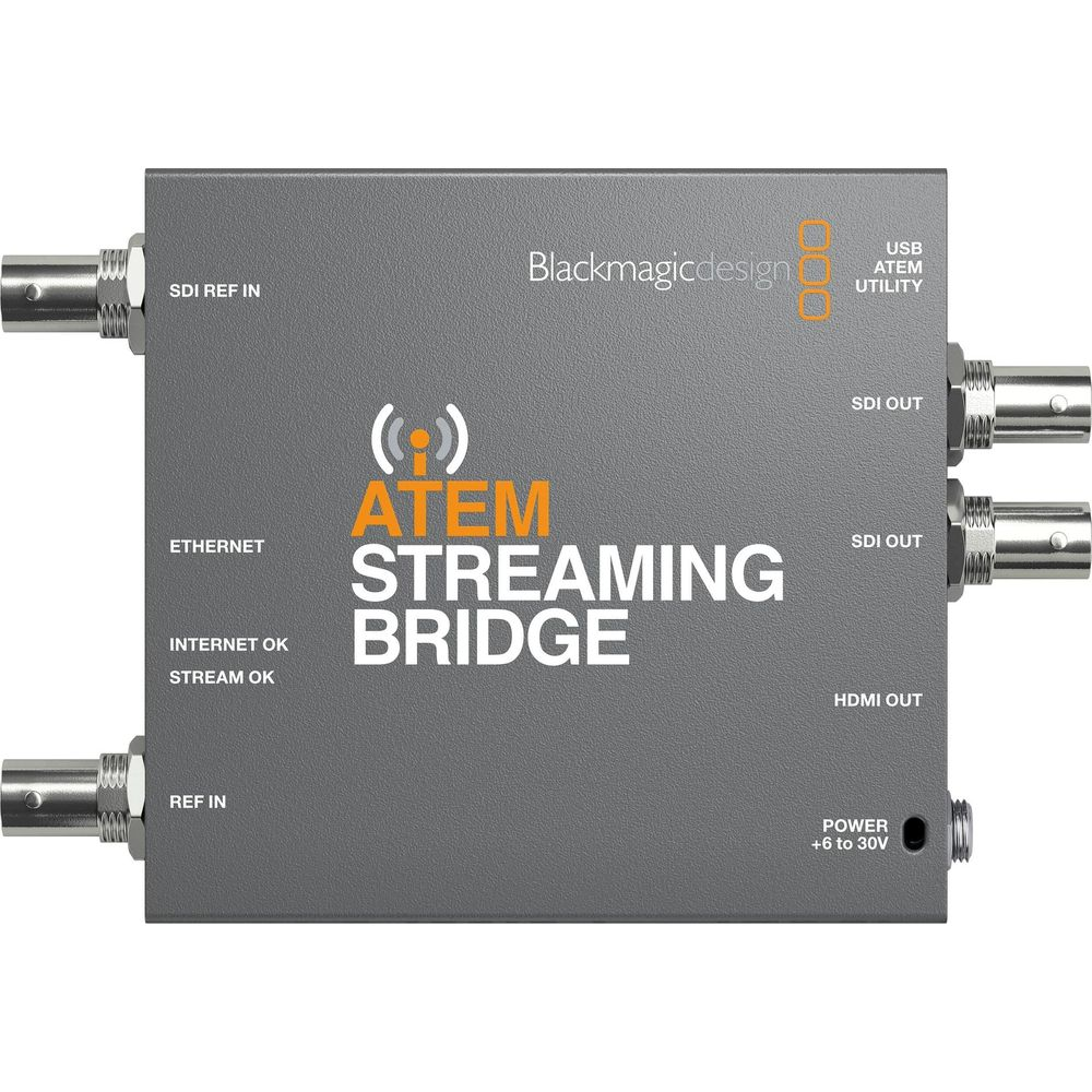 Un Blackmagic Design ATEM Streaming Bridge con porte SDI, Ethernet, HDMI e alimentazione.