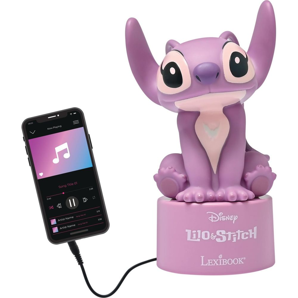 Statua viola di Stitch con smartphone che riproduce musica. La base dice 'Disney Lilo & Stitch'.