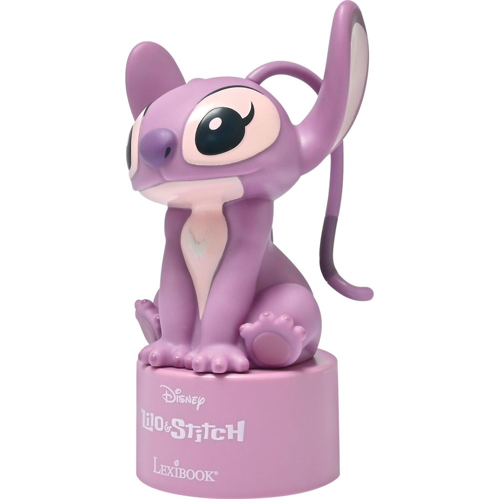 Figura viola di Stitch seduta su una base rosa con logo Disney Lilo & Stitch Lexibook.