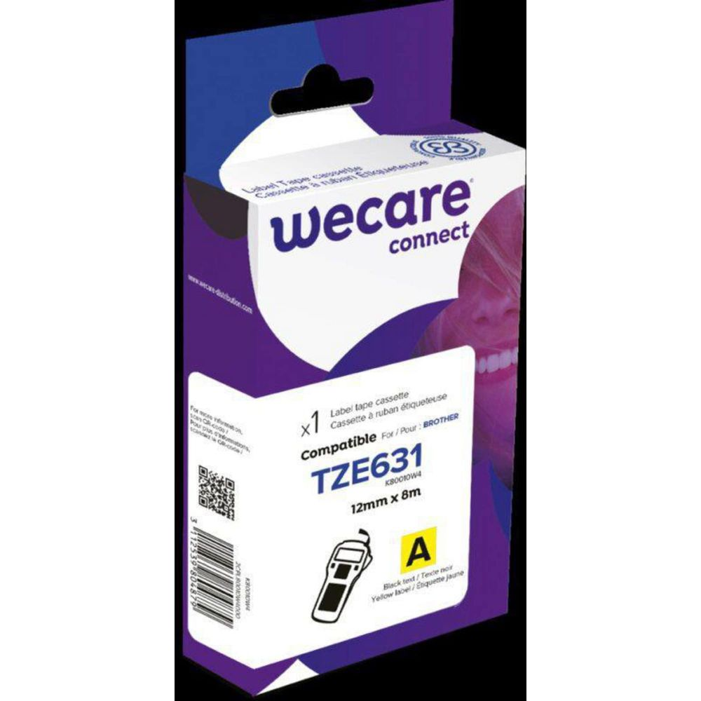 Boîte pour cassette ruban étiqueteuse Brother TZE631, 12mm x 8m, texte noir sur étiquette jaune.