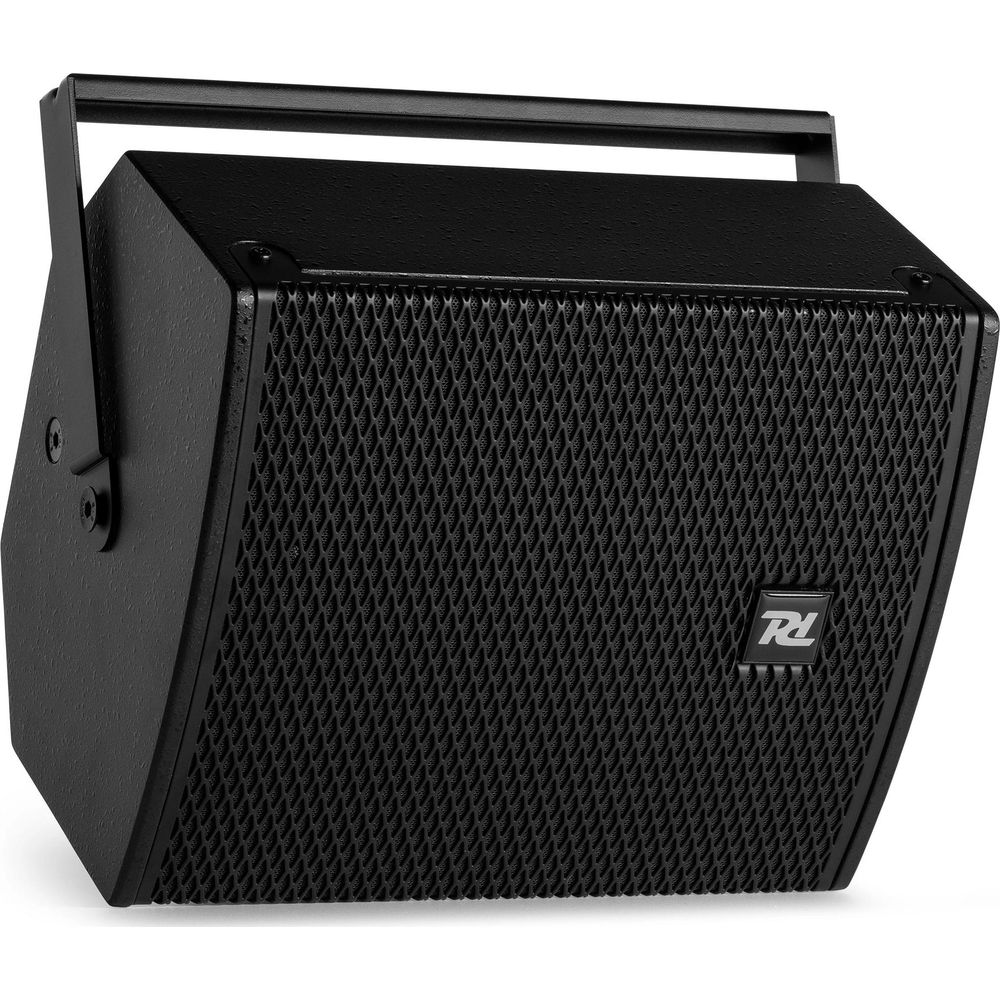 Altavoz negro con asa y frontal de rejilla con logo.