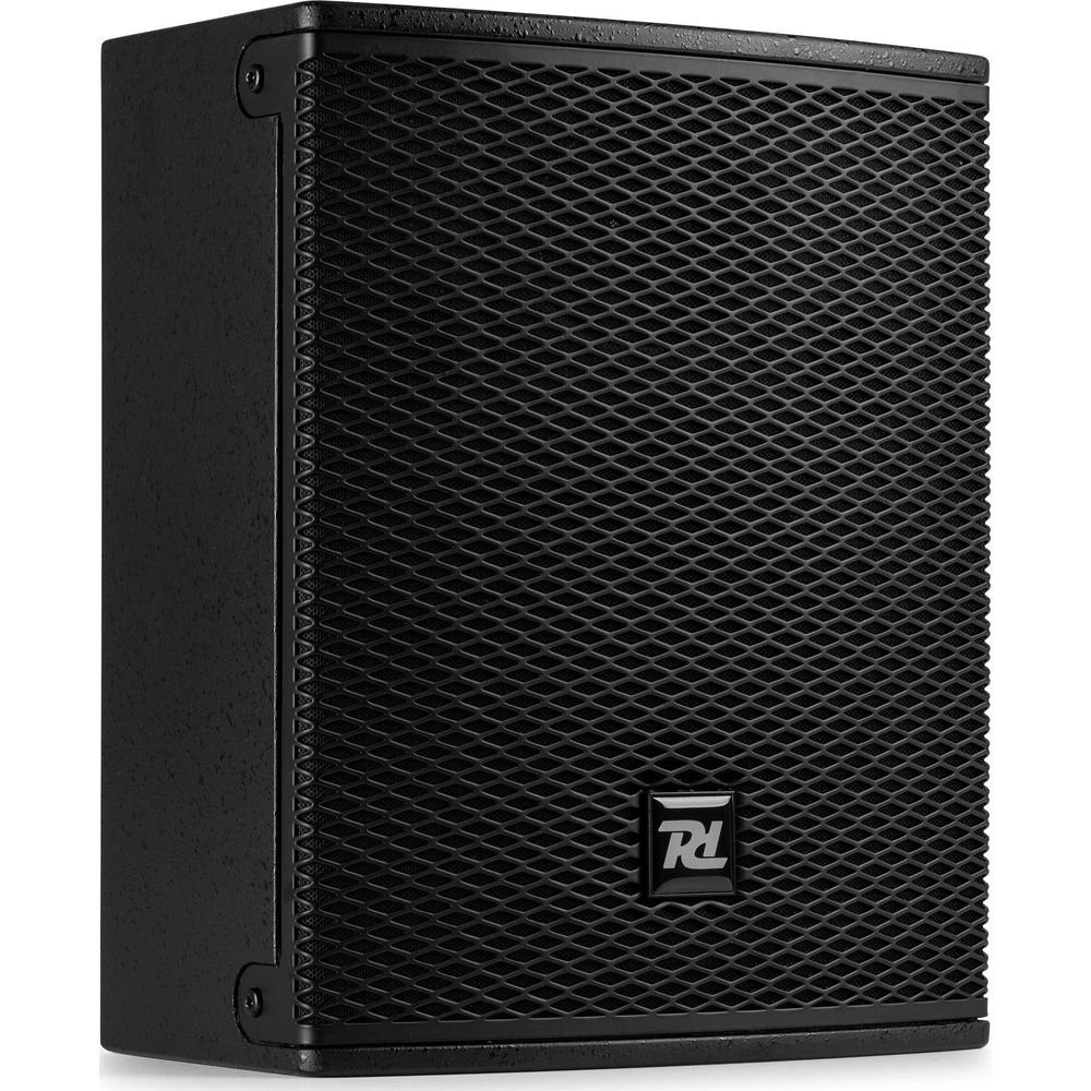 Altavoz negro con rejilla frontal y logo.