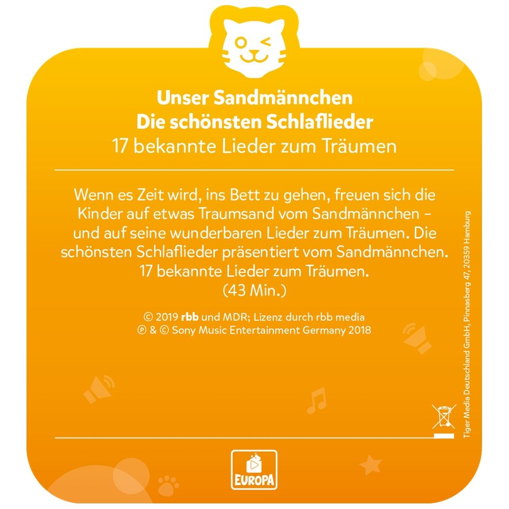 Gelber Aufkleber mit Katze, Titeln und Liedtexten.