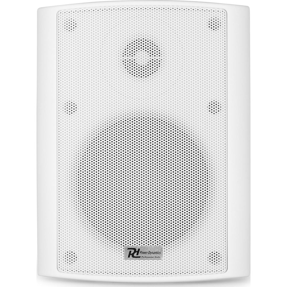 Altavoz blanco con tweeter redondo y woofer grande, logo abajo.