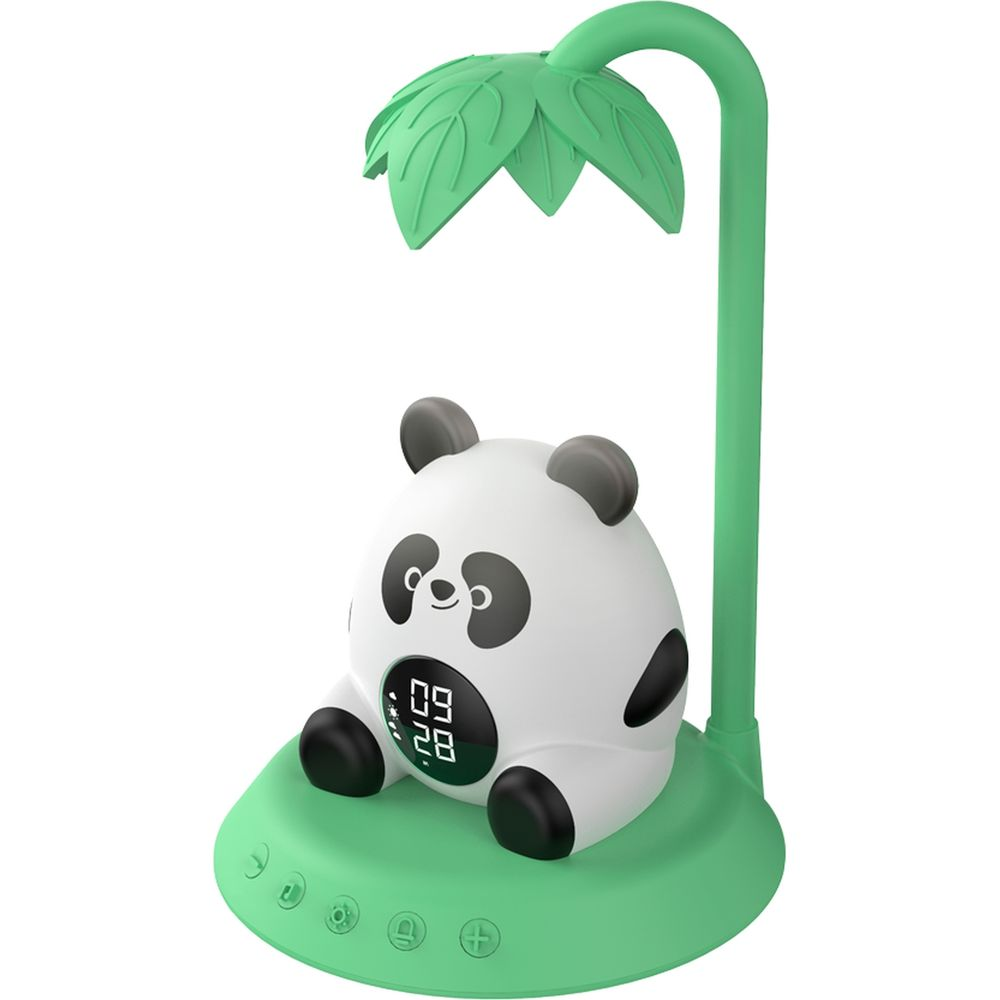 Una luce notturna panda con display digitale e paralume a foglia verde.
