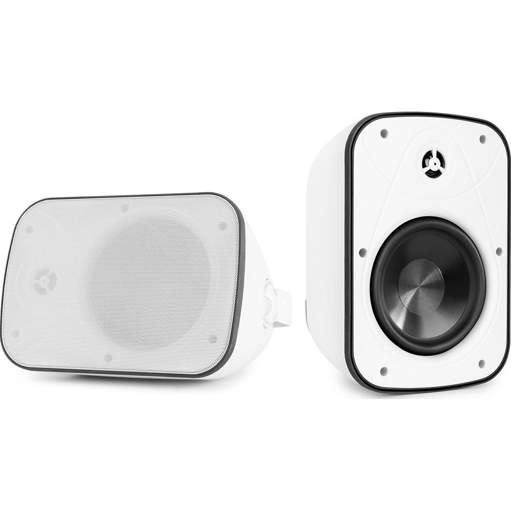 Dos altavoces blancos con borde negro sobre fondo blanco.
