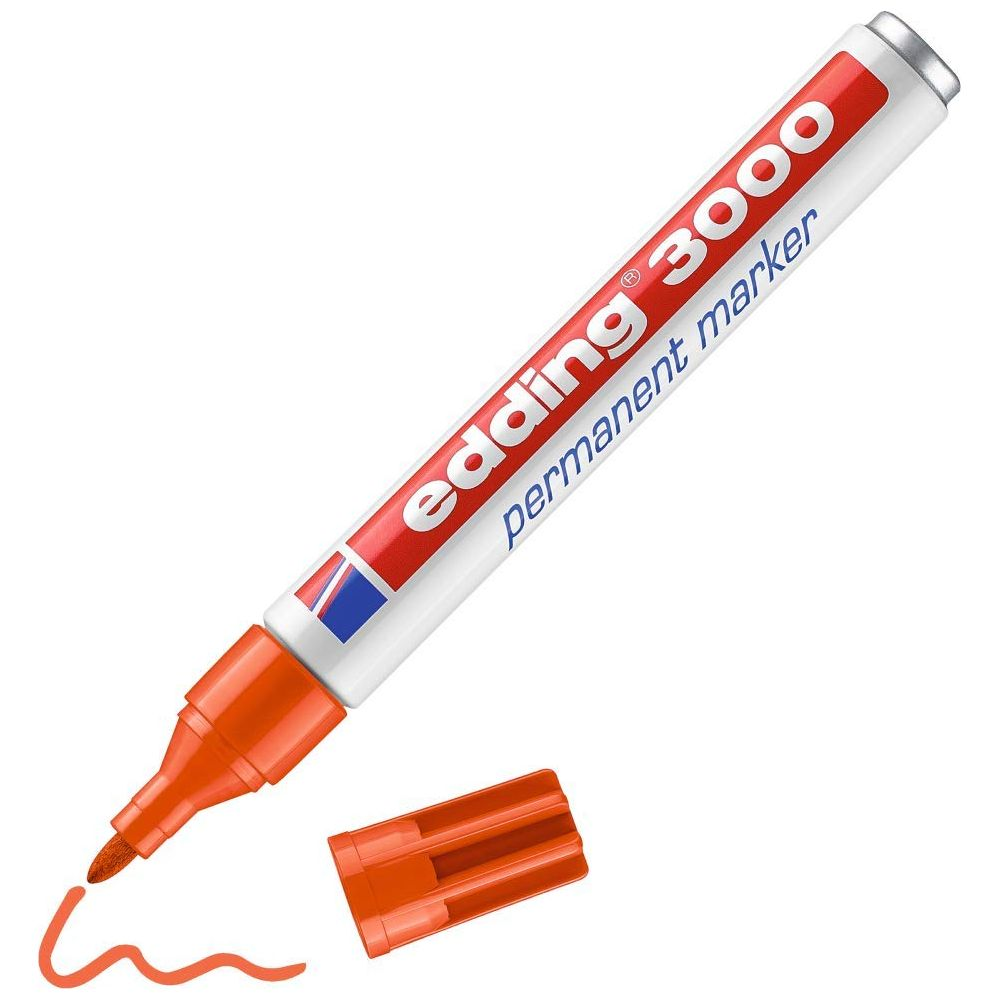Ein oranger Edding 3000 Permanentmarker mit Kappe und einer geschriebenen Linie.