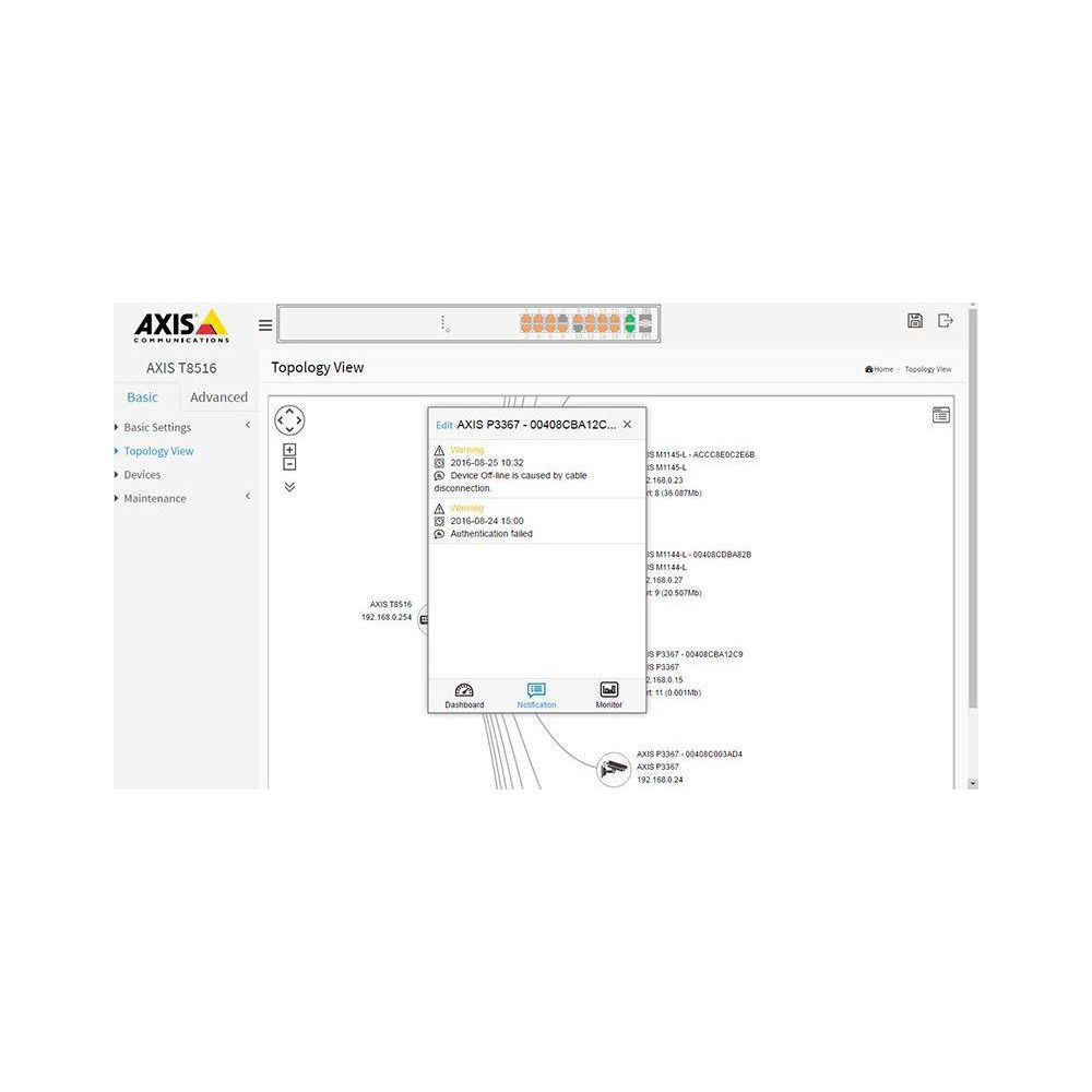 Widok topologii sieci z ostrzeżeniami o urządzeniach offline i nieudanym uwierzytelnianiu.