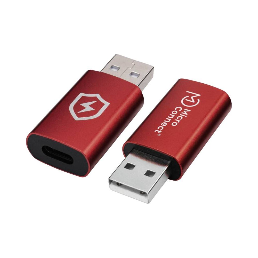 Due adattatori USB rossi uno accanto all'altro, con simbolo fulmine bianco.